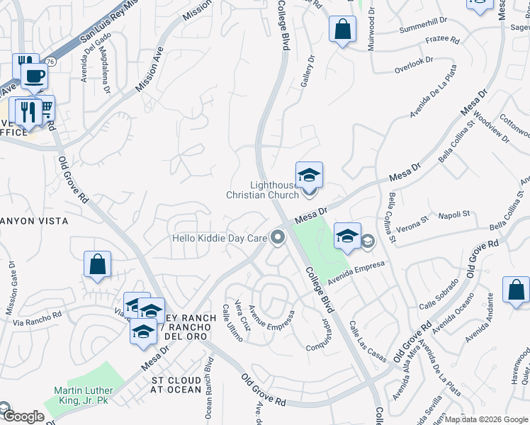 map of restaurants, bars, coffee shops, grocery stores, and more near 1205 Natoma Way in Oceanside