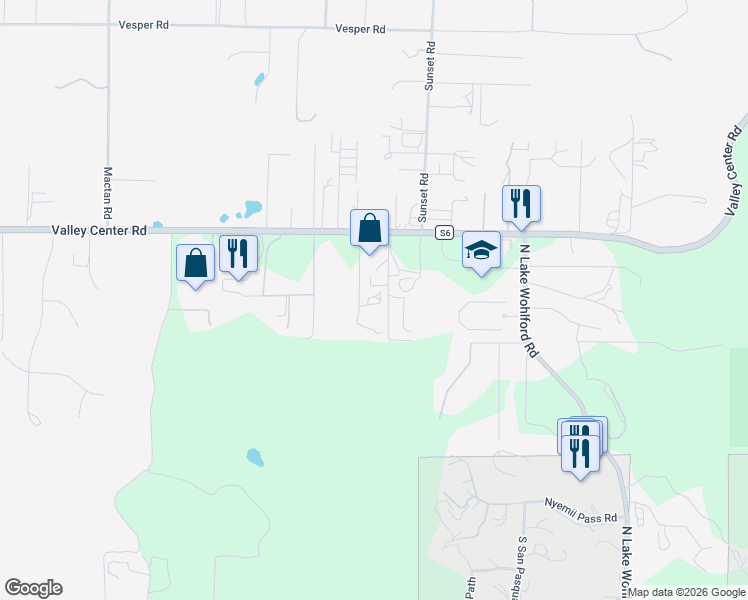 map of restaurants, bars, coffee shops, grocery stores, and more near 30959 Valley Center Road in Valley Center