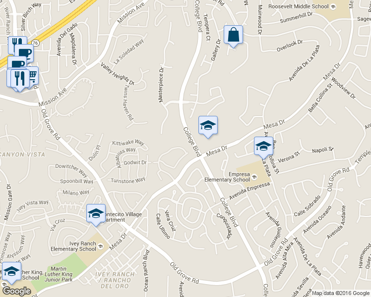 map of restaurants, bars, coffee shops, grocery stores, and more near 1205 Natoma Way in Oceanside