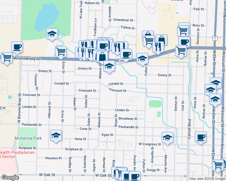 map of restaurants, bars, coffee shops, grocery stores, and more near 1233 Cordell Street in Denton