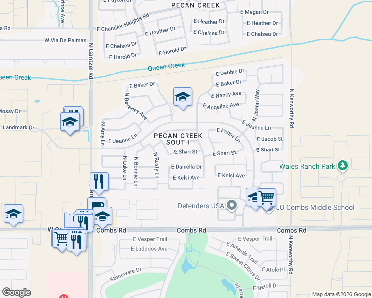 map of restaurants, bars, coffee shops, grocery stores, and more near 1002 East Shari Street in San Tan Valley