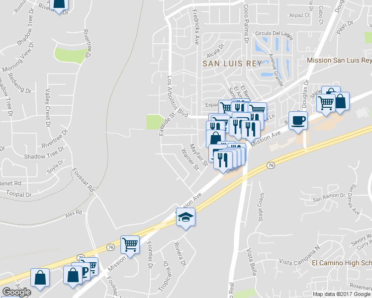 map of restaurants, bars, coffee shops, grocery stores, and more near 162 Warner Street in Oceanside