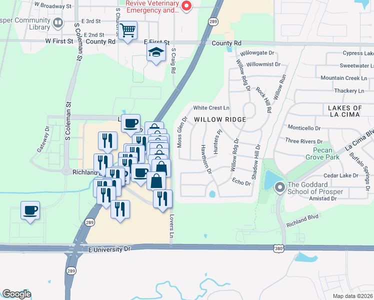 map of restaurants, bars, coffee shops, grocery stores, and more near 831 Blue Ridge Drive in Prosper