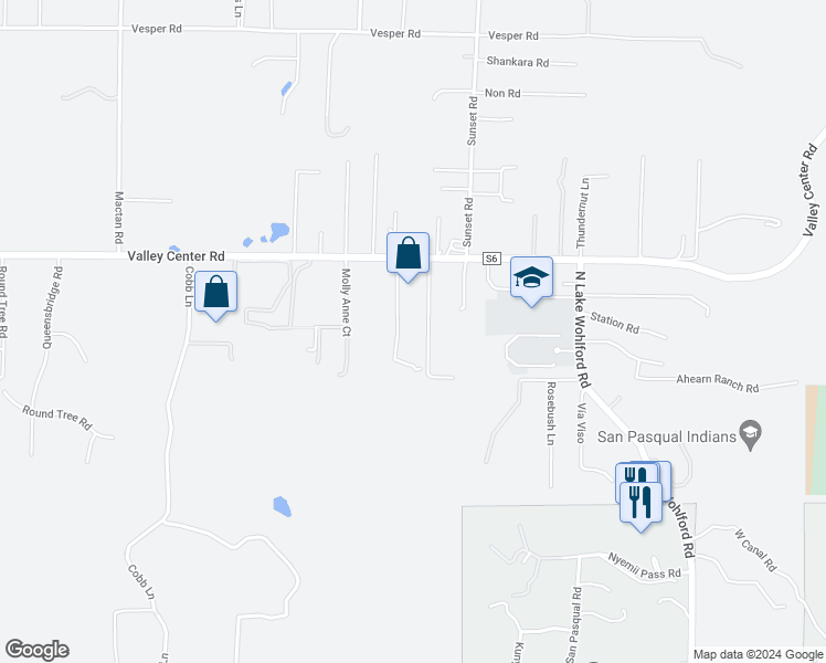 map of restaurants, bars, coffee shops, grocery stores, and more near 30959 Valley Center Road in Valley Center