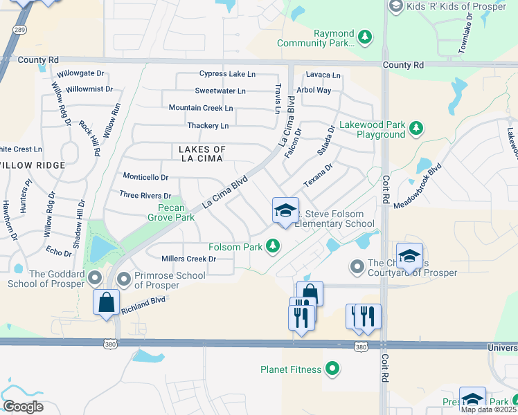 map of restaurants, bars, coffee shops, grocery stores, and more near 730 Calaveras Court in Prosper