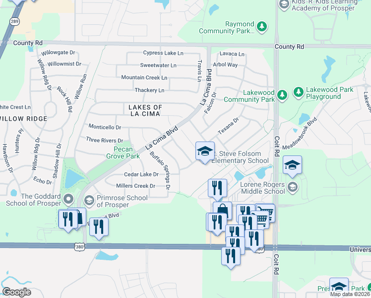 map of restaurants, bars, coffee shops, grocery stores, and more near 730 Calaveras Court in Prosper