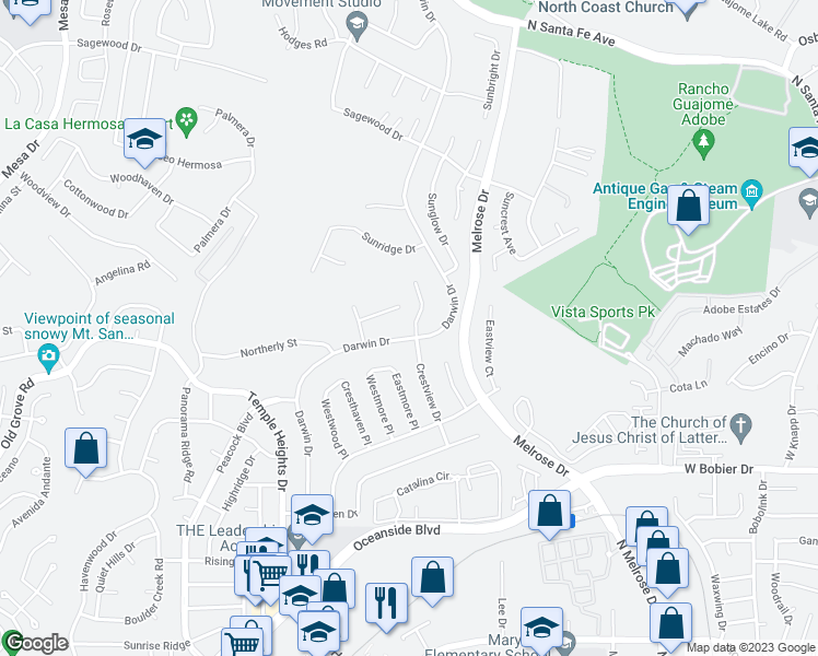 map of restaurants, bars, coffee shops, grocery stores, and more near 1392 Crestview Drive in Oceanside