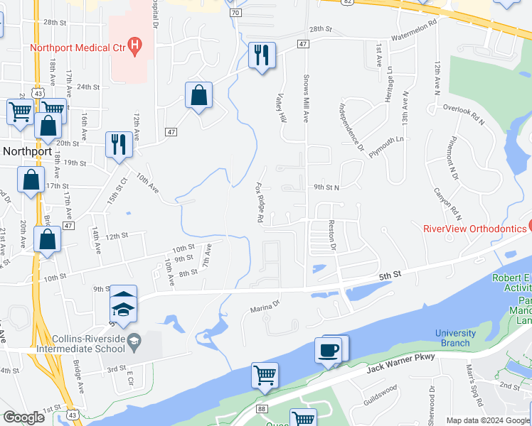 map of restaurants, bars, coffee shops, grocery stores, and more near 624 Steeple Chase Road in Tuscaloosa