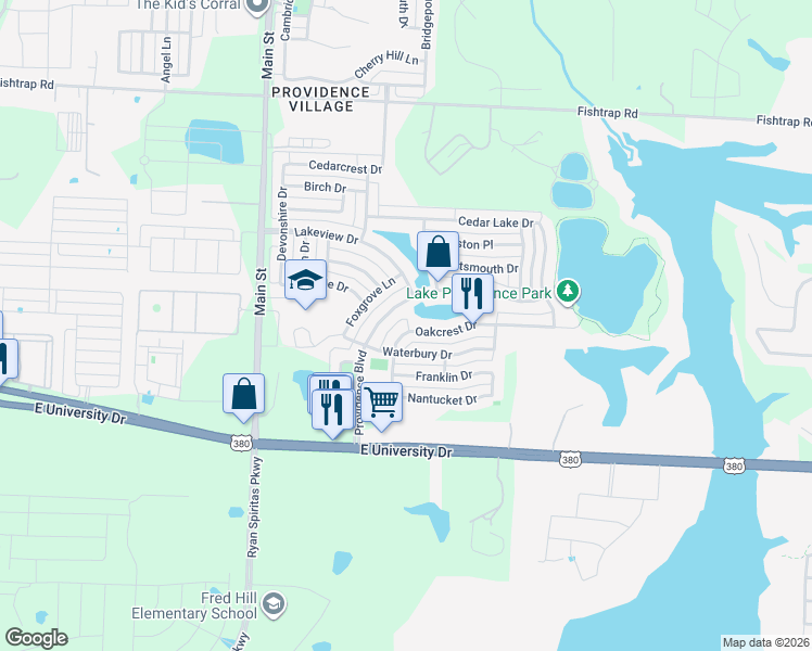 map of restaurants, bars, coffee shops, grocery stores, and more near 1025 Oakcrest Drive in Aubrey