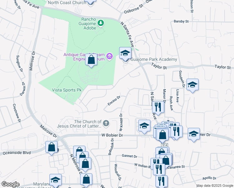 map of restaurants, bars, coffee shops, grocery stores, and more near 404 Adobe Estates Drive in Vista