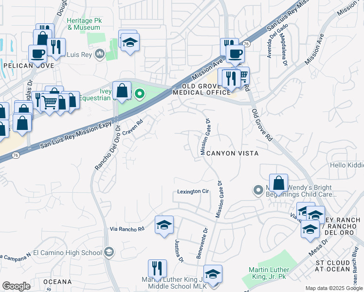 map of restaurants, bars, coffee shops, grocery stores, and more near 4224 Vista Panorama Way in Oceanside