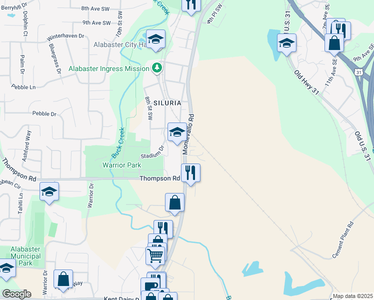 map of restaurants, bars, coffee shops, grocery stores, and more near 303 Joye Lane in Alabaster