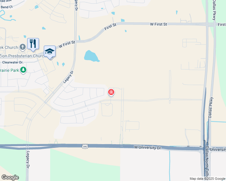 map of restaurants, bars, coffee shops, grocery stores, and more near 1710 U.S. Highway 380 West in Prosper