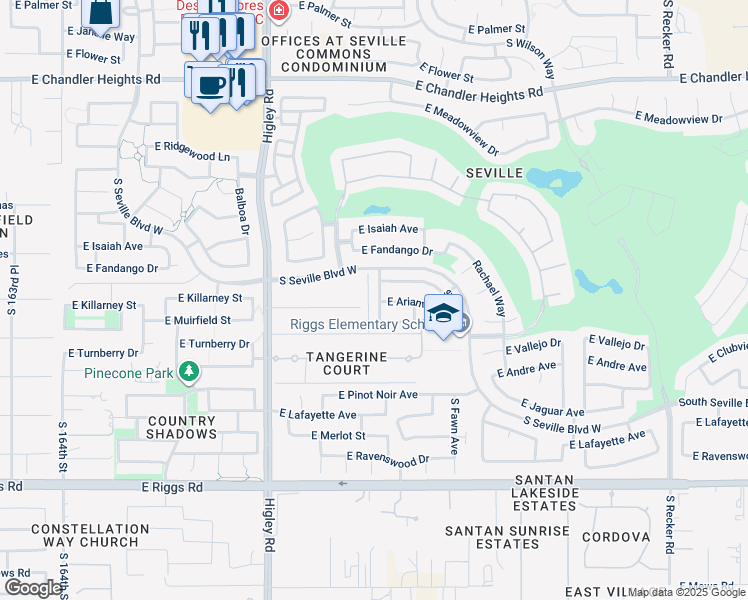 map of restaurants, bars, coffee shops, grocery stores, and more near 3435 East Riopelle Avenue in Gilbert