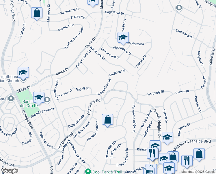 map of restaurants, bars, coffee shops, grocery stores, and more near 5131 Bella Collina Street in Oceanside