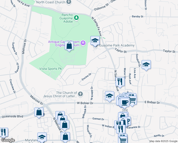 map of restaurants, bars, coffee shops, grocery stores, and more near 404 Adobe Estates Drive in Vista