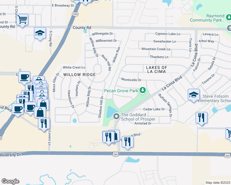 map of restaurants, bars, coffee shops, grocery stores, and more near 529 Twin Oaks Drive in Prosper