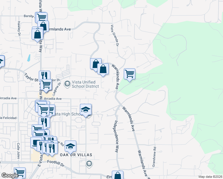map of restaurants, bars, coffee shops, grocery stores, and more near 1848 Warmlands Avenue in Vista