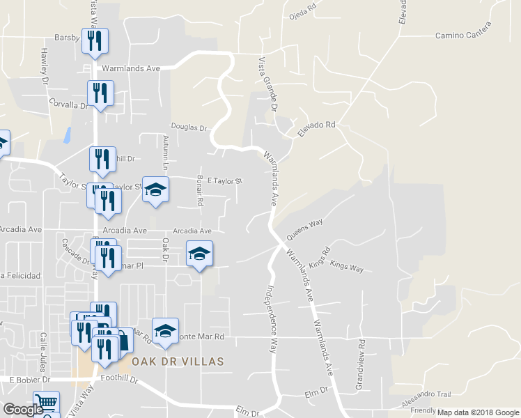 map of restaurants, bars, coffee shops, grocery stores, and more near 1522 Maxwell Lane in Vista
