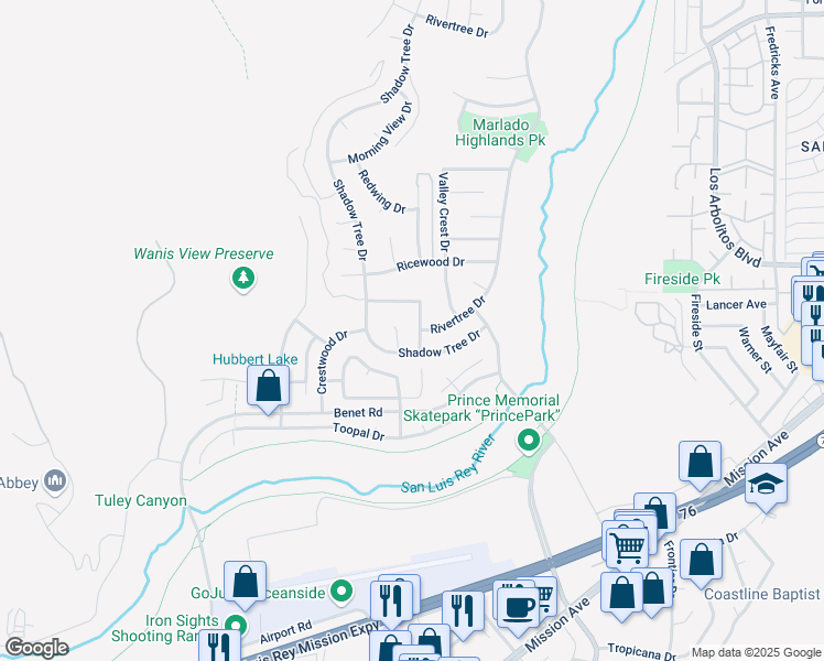map of restaurants, bars, coffee shops, grocery stores, and more near 697 Chimney Rock Drive in Oceanside