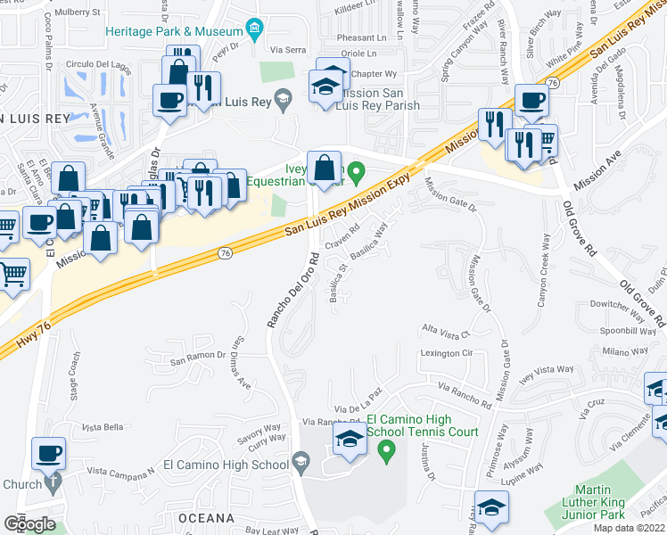 map of restaurants, bars, coffee shops, grocery stores, and more near 243 Melinda Way in Oceanside