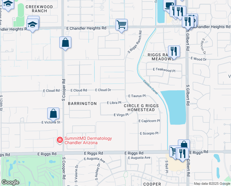 map of restaurants, bars, coffee shops, grocery stores, and more near 2454 East Cloud Street in Chandler