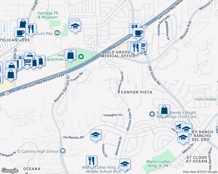 map of restaurants, bars, coffee shops, grocery stores, and more near 4224 Vista Panorama Way in Oceanside