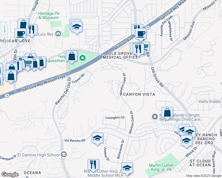 map of restaurants, bars, coffee shops, grocery stores, and more near 4225 Vista Panorama Way in Oceanside