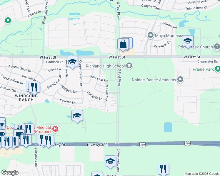 map of restaurants, bars, coffee shops, grocery stores, and more near 881 Mountain Laurel Drive in Prosper