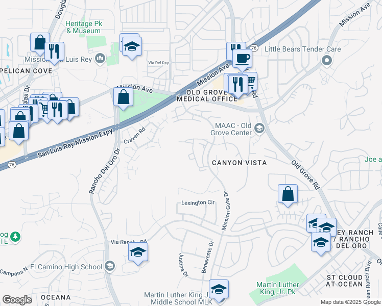 map of restaurants, bars, coffee shops, grocery stores, and more near 733 Vista Grande Way in Oceanside