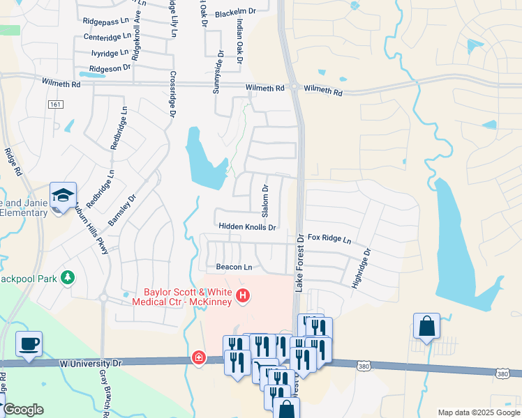 map of restaurants, bars, coffee shops, grocery stores, and more near 2501 Slalom Drive in McKinney