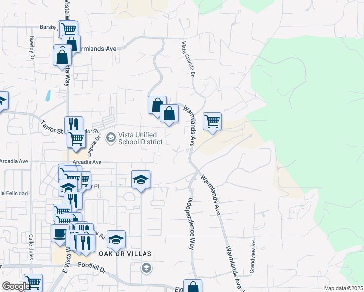map of restaurants, bars, coffee shops, grocery stores, and more near 1522 Maxwell Lane in Vista