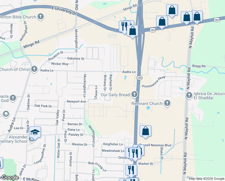 map of restaurants, bars, coffee shops, grocery stores, and more near 1004 Bayfield Drive in Denton