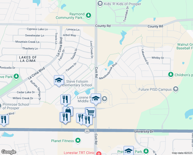 map of restaurants, bars, coffee shops, grocery stores, and more near 871 Coit Road in Prosper