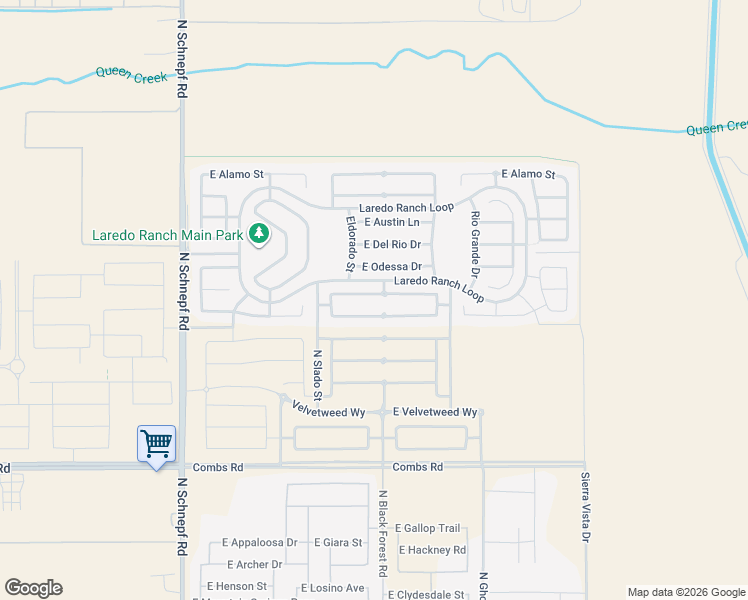 map of restaurants, bars, coffee shops, grocery stores, and more near 4222 East Amarillo Drive in Queen Creek