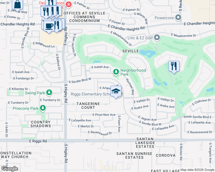 map of restaurants, bars, coffee shops, grocery stores, and more near 3503 East Riopelle Avenue in Gilbert
