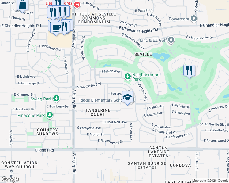 map of restaurants, bars, coffee shops, grocery stores, and more near 3435 East Riopelle Avenue in Gilbert