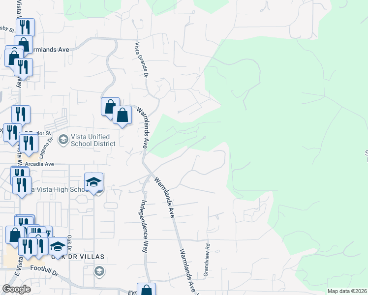 map of restaurants, bars, coffee shops, grocery stores, and more near 1840 Queens Way in Vista