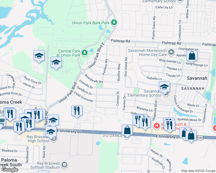 map of restaurants, bars, coffee shops, grocery stores, and more near 808 Boardwalk Way in Aubrey