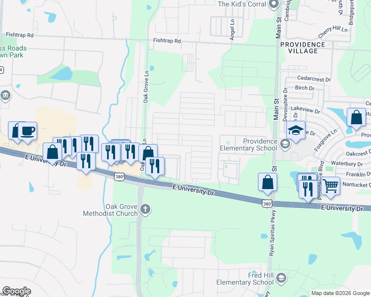 map of restaurants, bars, coffee shops, grocery stores, and more near 2317 Evening Stone Drive in Aubrey