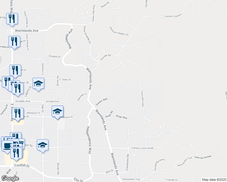 map of restaurants, bars, coffee shops, grocery stores, and more near 1840 Queens Way in Vista