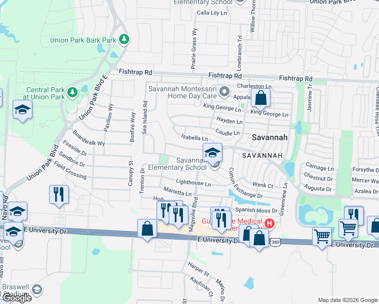 map of restaurants, bars, coffee shops, grocery stores, and more near 825 Southern Hills Way in Aubrey