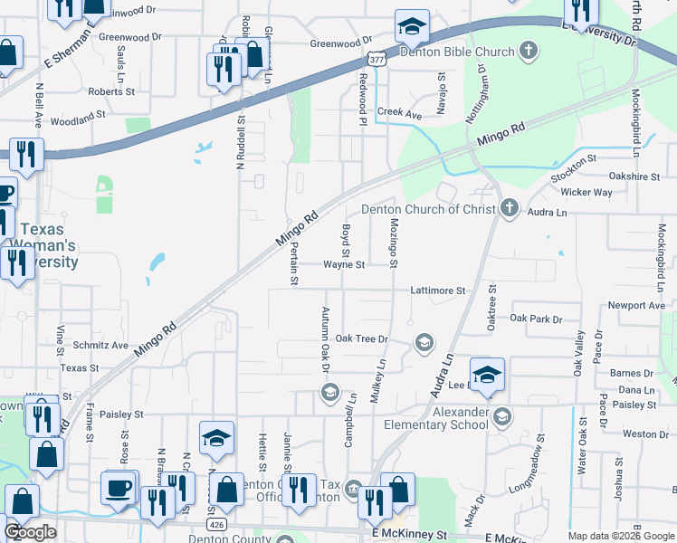 map of restaurants, bars, coffee shops, grocery stores, and more near 1613 Wayne Street in Denton