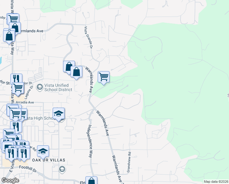 map of restaurants, bars, coffee shops, grocery stores, and more near 1840 Queens Way in Vista
