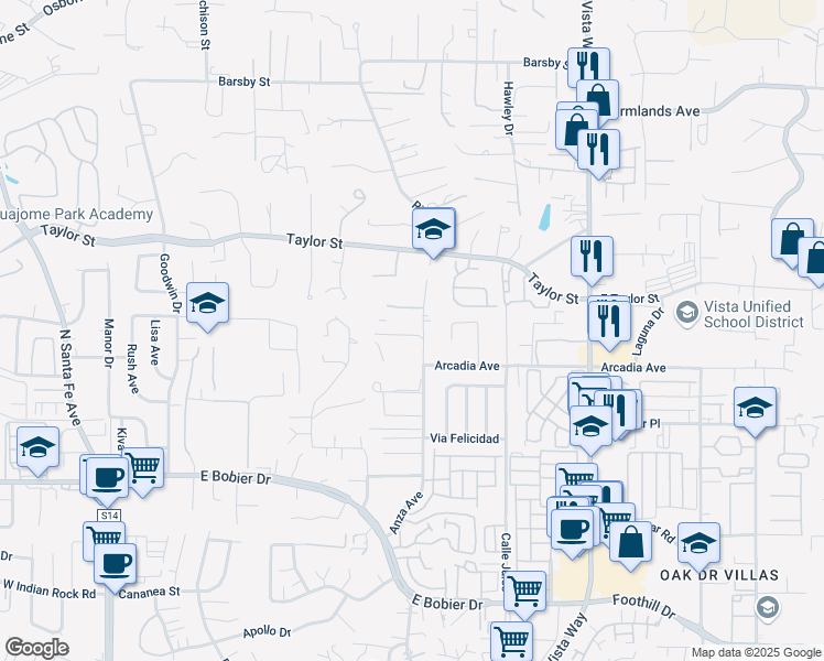 map of restaurants, bars, coffee shops, grocery stores, and more near 1737 Anza Avenue in Vista