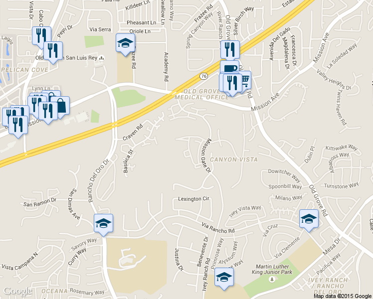 map of restaurants, bars, coffee shops, grocery stores, and more near 4224 Vista Panorama Way in Oceanside