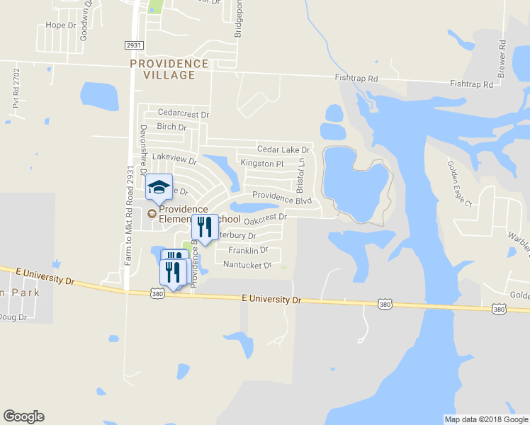 map of restaurants, bars, coffee shops, grocery stores, and more near 1307 Oakcrest Drive in Providence Village