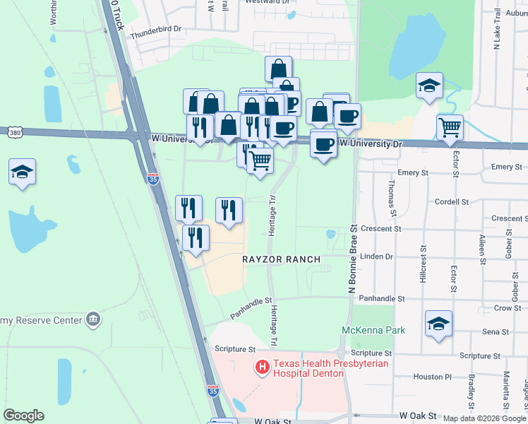 map of restaurants, bars, coffee shops, grocery stores, and more near 3235 Heritage Trail in Denton