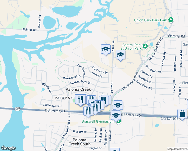 map of restaurants, bars, coffee shops, grocery stores, and more near 1705 Heron Drive in Aubrey