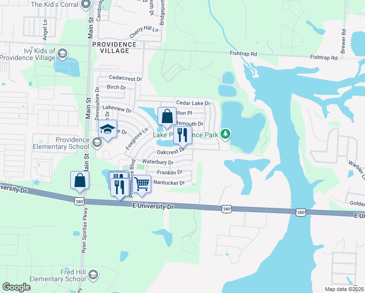 map of restaurants, bars, coffee shops, grocery stores, and more near 1311 Oakcrest Drive in Aubrey